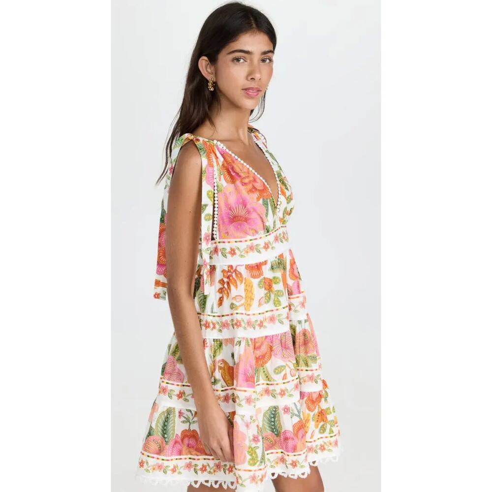 Farm Rio Dress Small Macaw Bloom Tiered Mini Sundress Crochet Boho Tropical - Picture 3 of 16